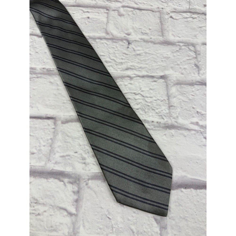 Oscar De La Renta Vintage Silk Tie Mens Grey Navy Blue Striped Made In USA